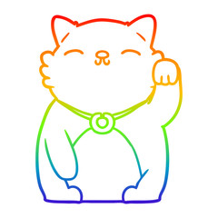 rainbow gradient line drawing cartoon cat waving