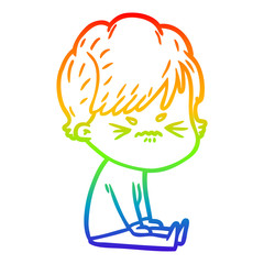 rainbow gradient line drawing cartoon frustrated woman