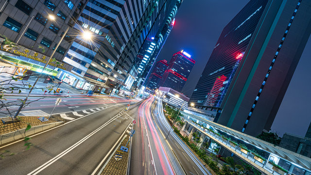 Corporate Building With Street View At Night In Hong Kong On October 12, 2018