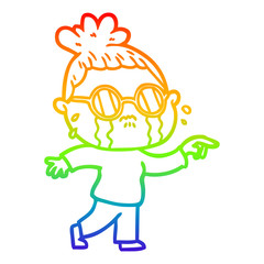 rainbow gradient line drawing cartoon crying woman wearing spectacles