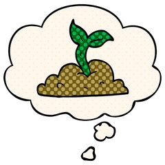 cartoon growing seedling and thought bubble in comic book style