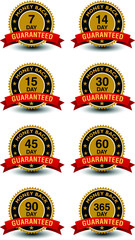 Simple yet powerful golden money back guaranteed badge with red ribbon set.
