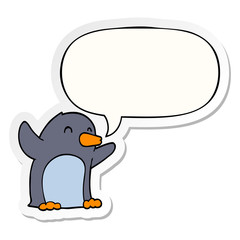 cartoon excited penguin and speech bubble sticker