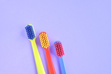 Three colorful plastic toothbrush with selective focus on blurred purple background. Multicolored toothbrushes for personal daily healthcare. Toothbrushes for daily oral hygiene and caries protection