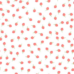 Vector modern simple fruit seamless pattern. Irregular composition of colorful red strawberry isolated on white background. Design repeate tile for decorative texture, textile, backdrop, paper