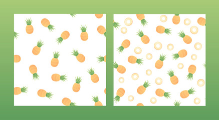 Fototapeta na wymiar Set of vector fresh simple fruit seamless pattern. Irregular composition of ripe pineapple texture isolated on white background. Design repeate tile for decorative textile, backdrop, wrapping paper.