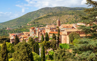 Fototapeta na wymiar View of Tivoli, garden and Catholic church San Pietro (alla Carità) from the villa d`Este, Italy.