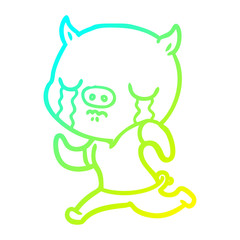 cold gradient line drawing cartoon pig crying running away