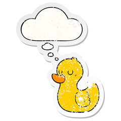 cartoon duck and thought bubble as a distressed worn sticker