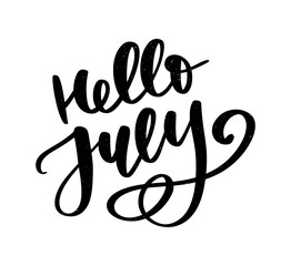 Hello july lettering print. Summer minimalistic illustration. Isolated calligraphy on white background.