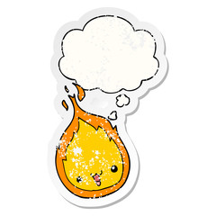cute cartoon flame and thought bubble as a distressed worn sticker