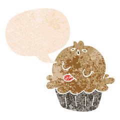 cute cartoon pie and speech bubble in retro textured style