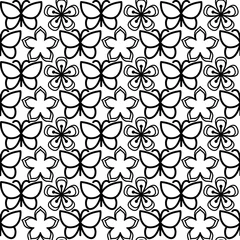 Zelfklevend Fotobehang Seamless pattern background with flowers and butterflies in black and white. © jolie_nuage