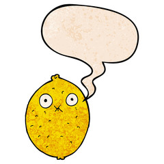 cartoon bitter lemon and speech bubble in retro texture style