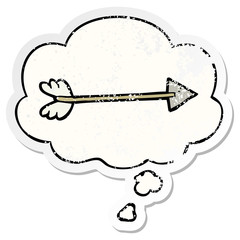 cartoon arrow and thought bubble as a distressed worn sticker