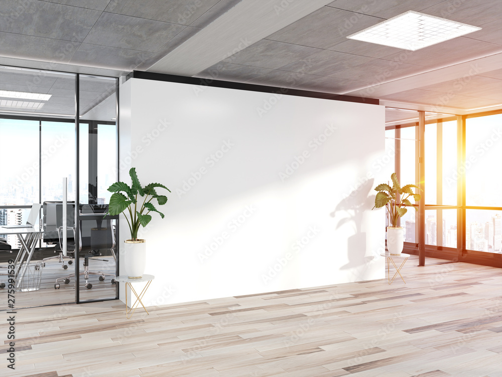 Poster blank wall in bright concrete office with large windows mockup 3d rendering