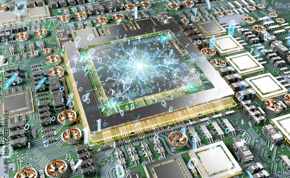 Fototapete close-up view of a modern gpu card with connections 3d rendering