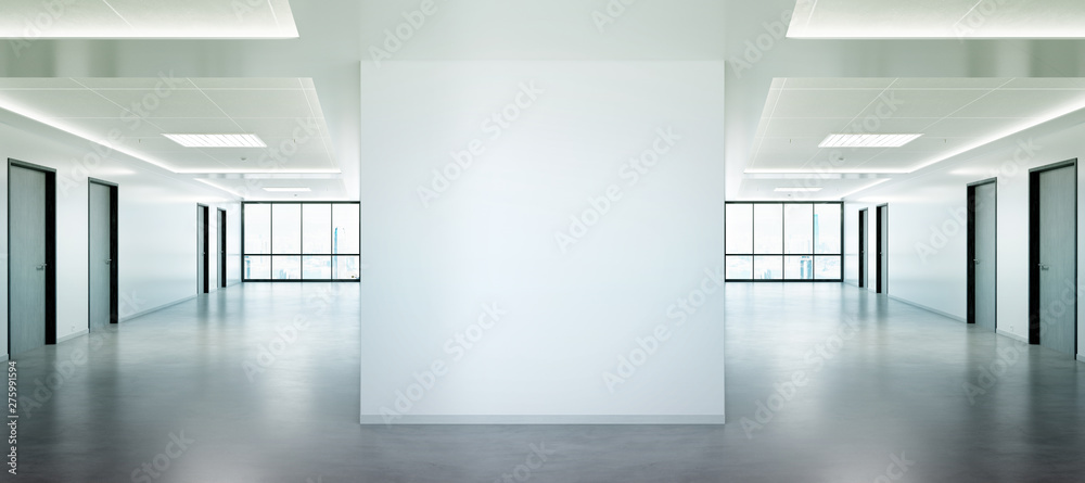 Poster Blank squared wall in office mockup with large windows and sun passing through 3D rendering