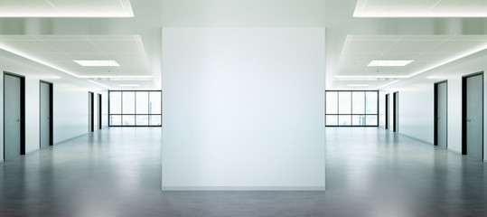 Blank squared wall in office mockup with large windows and sun passing through 3D rendering