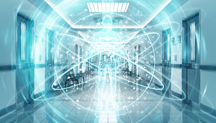 Hospital blue corridor with xray digital body floating in dots connections 3D rendering