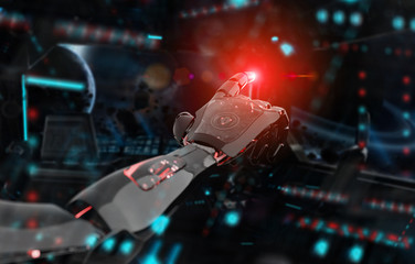 Fototapeta na wymiar Black and red intelligent robot cyborg arm pointing finger on dark 3D rendering