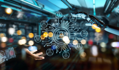 White robot controlling social network icons interface