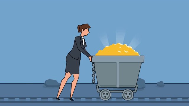 Flat cartoon businesswoman character pushing miners wagon barrow with gold business concept animation