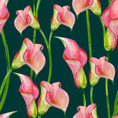 Gouache seamless floral pattern with pink Calla with green stems on a dark background