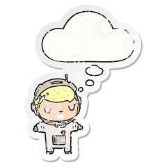 cartoon astronaut and thought bubble as a distressed worn sticker