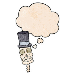 cartoon spooky skull and thought bubble in grunge texture pattern style