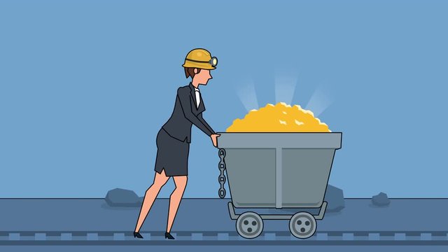 Flat cartoon businesswoman character pushing miners wagon barrow with gold business concept animation