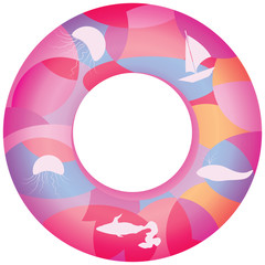 Fototapeta na wymiar Inflatable Lifebuoy - pink geometric ornament with sea symbols - isolated on white background - vector. Summer time.