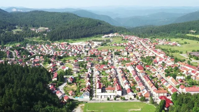 Croatia, town of Delnice, mountain landscape, panoramic view of town center from drone in summer