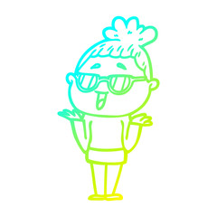 cold gradient line drawing cartoon happy woman wearing spectacles