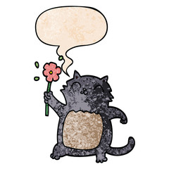 cartoon cat and flower and speech bubble in retro texture style