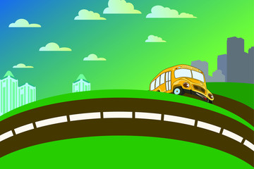 Vector illustration. Bus with a smile, cartoon concept. Old school bus hurries to school. On the background of the city.