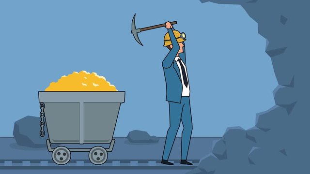 Flat cartoon businessman miner character working with pickaxe business motivation concept animation