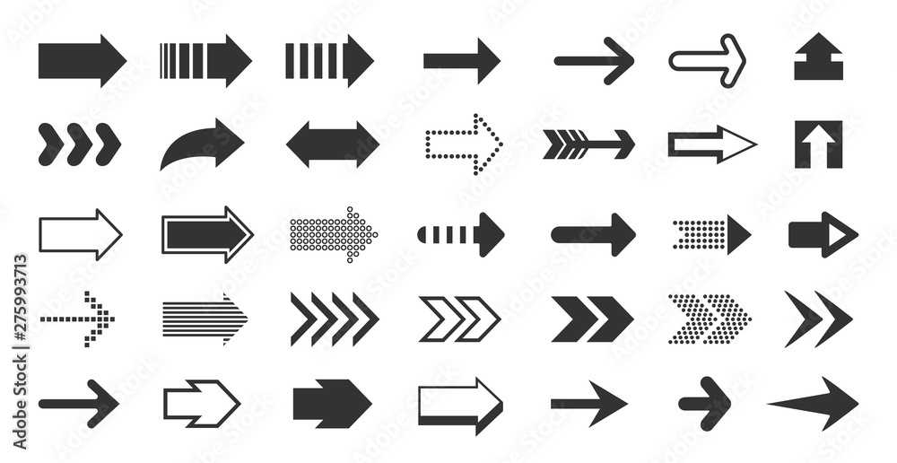 Poster Black arrows. Direction pointers, up down left right signs of dots shapes and strokes, flat cursor pixel next sign. Vector arrow signage set