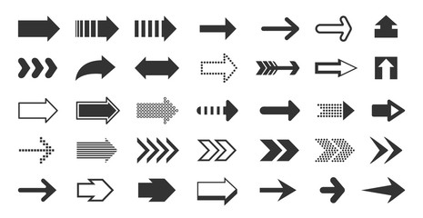Black arrows. Direction pointers, up down left right signs of dots shapes and strokes, flat cursor pixel next sign. Vector arrow signage set