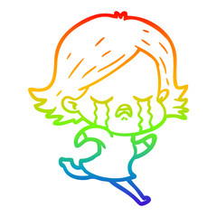 rainbow gradient line drawing cartoon girl crying whilst running
