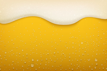 Beer foam. Realistic craft beer bubbles condensate and flowing foam, beer festival and party poster background. Vector wet mug brewery flyer - obrazy, fototapety, plakaty