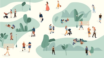 Fototapeta premium People in park. Trendy men and women crowd walking in summer park, cartoon large people group. Vector set persons leisure biking with dogs