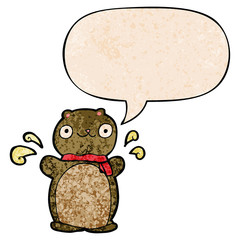cartoon happy teddy bear and speech bubble in retro texture style