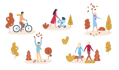 People in autumn park or forest. Modern casual man and woman playing with autumn leaves. Flat vector illustration activities characters people lifestyle