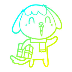 cold gradient line drawing cute cartoon dog with christmas present