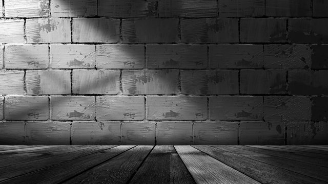 Empty Scene Background. Old Brick Wall, Wooden Floor. Spotlight In The Dark