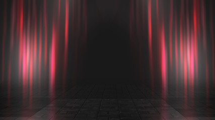 Empty background scene. Dark street reflection on wet asphalt. Rays of neon light in the dark, neon figures, smoke. Background of empty stage show. Abstract dark background.