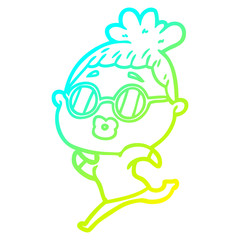 cold gradient line drawing cartoon woman running wearing sunglasses