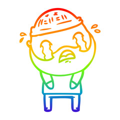 rainbow gradient line drawing cartoon bearded man crying