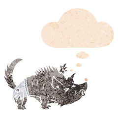 cartoon werewolf and thought bubble in retro textured style